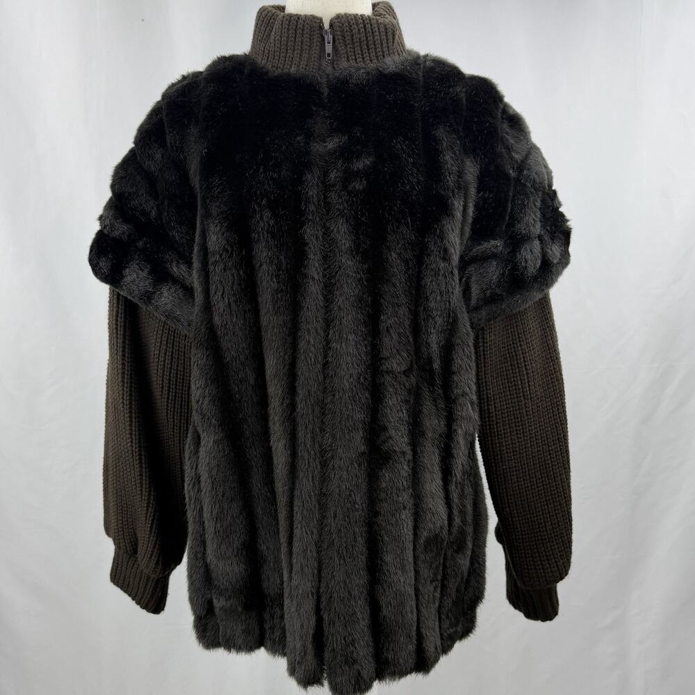 Vintage Jordache Fur Knit Jacket Brown Zip USA 80s Womens 5/6 Coat